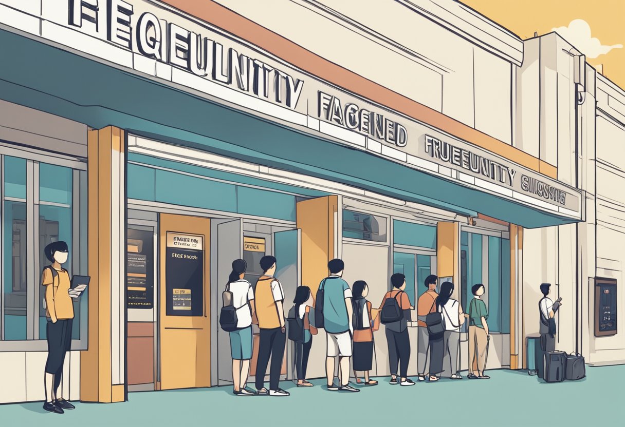 A group of people lining up at a movie theater in Singapore, with a sign reading "Frequently Asked Questions" displayed prominently