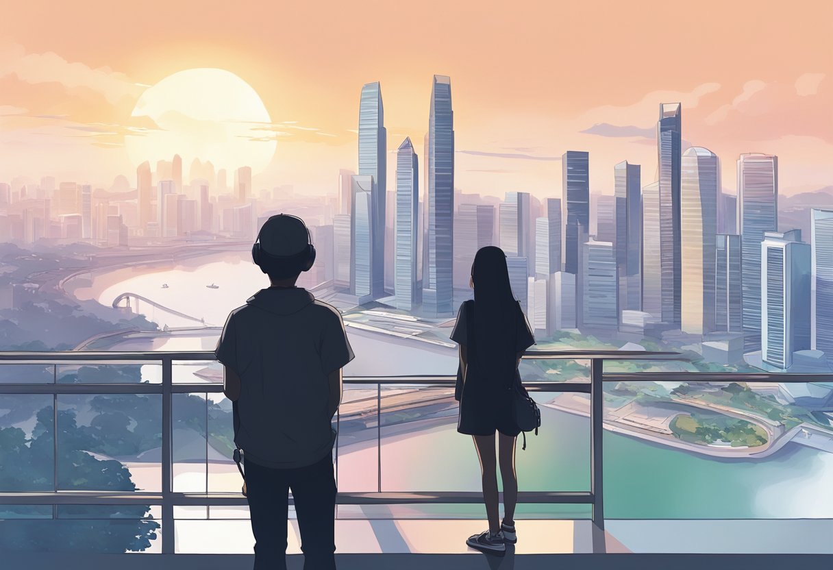 A serene skyline of Singapore with a silhouette of Taeyeon in the foreground, capturing the essence of the city and the artist's presence