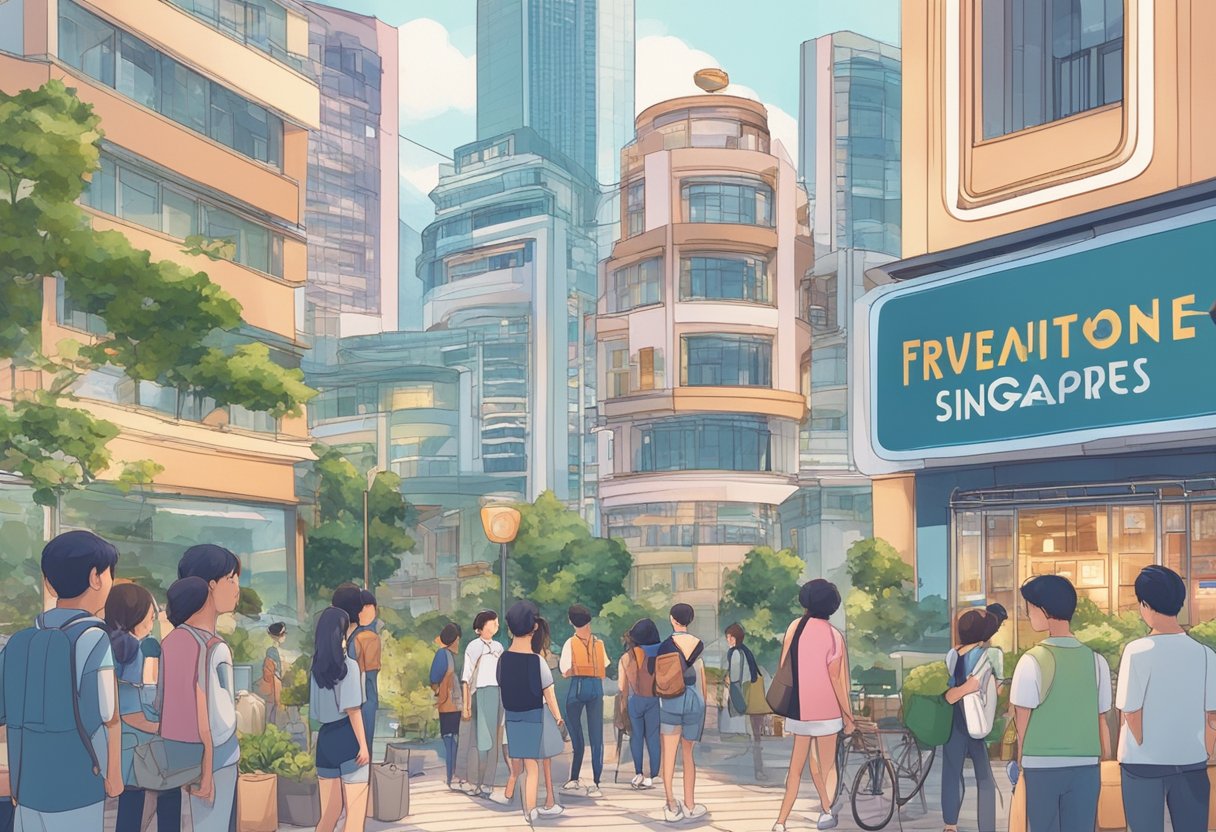 A group of people gathered around a large sign that reads "Frequently Asked Questions taeyeon singapore." The scene is set in a bustling city with buildings and street signs in the background