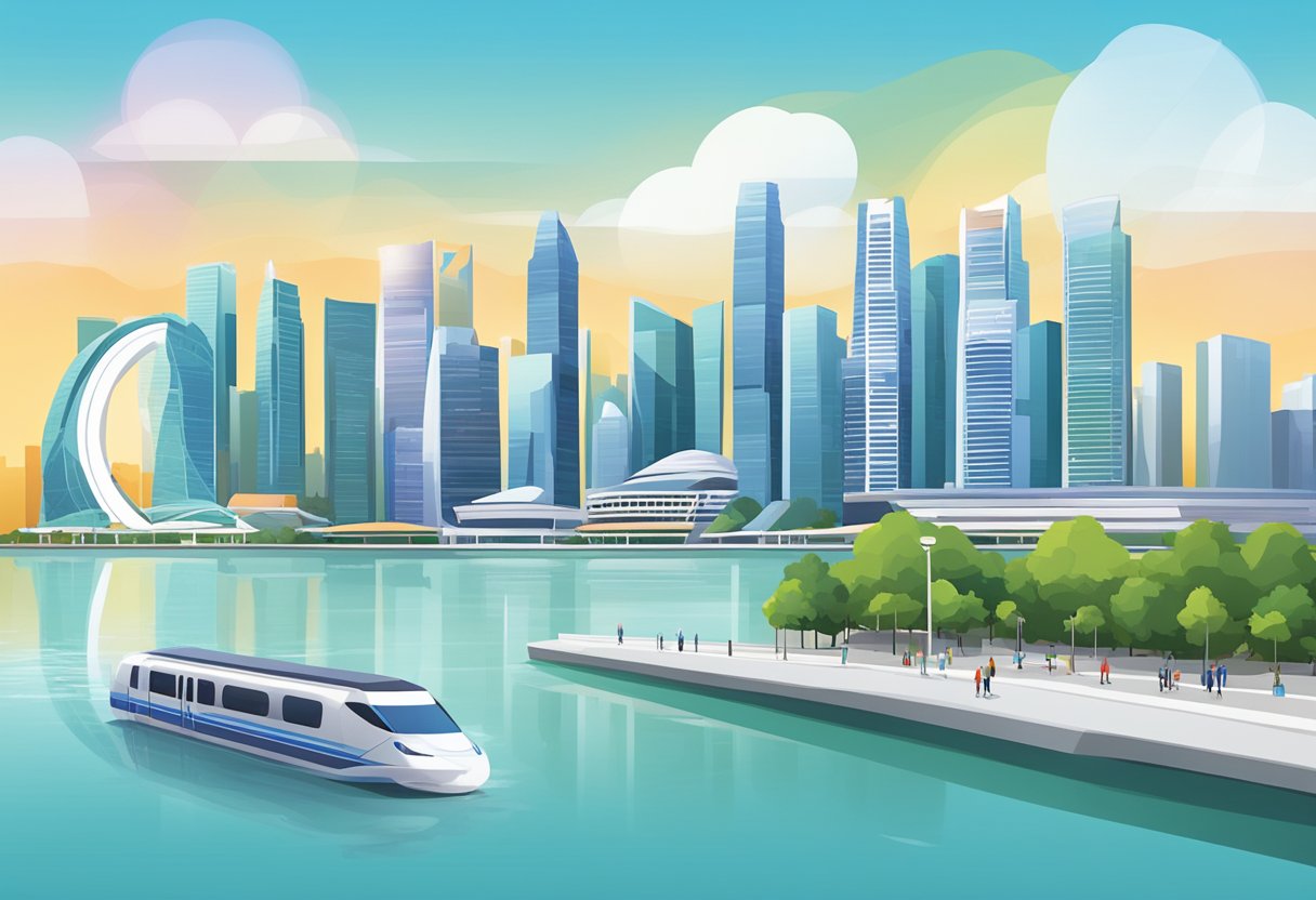 The EZ Link card sits on a clean, white surface with the words "Frequently Asked Questions" displayed prominently. The Singapore skyline is visible in the background