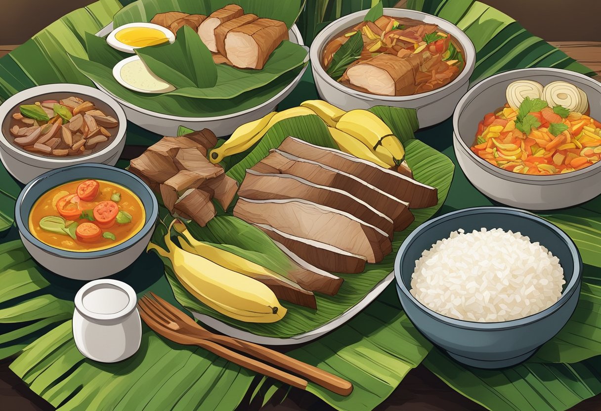A table set with traditional Filipino dishes in a bustling Singaporean food market. Brightly colored adobo, sinigang, and lechon are surrounded by banana leaves and steaming rice