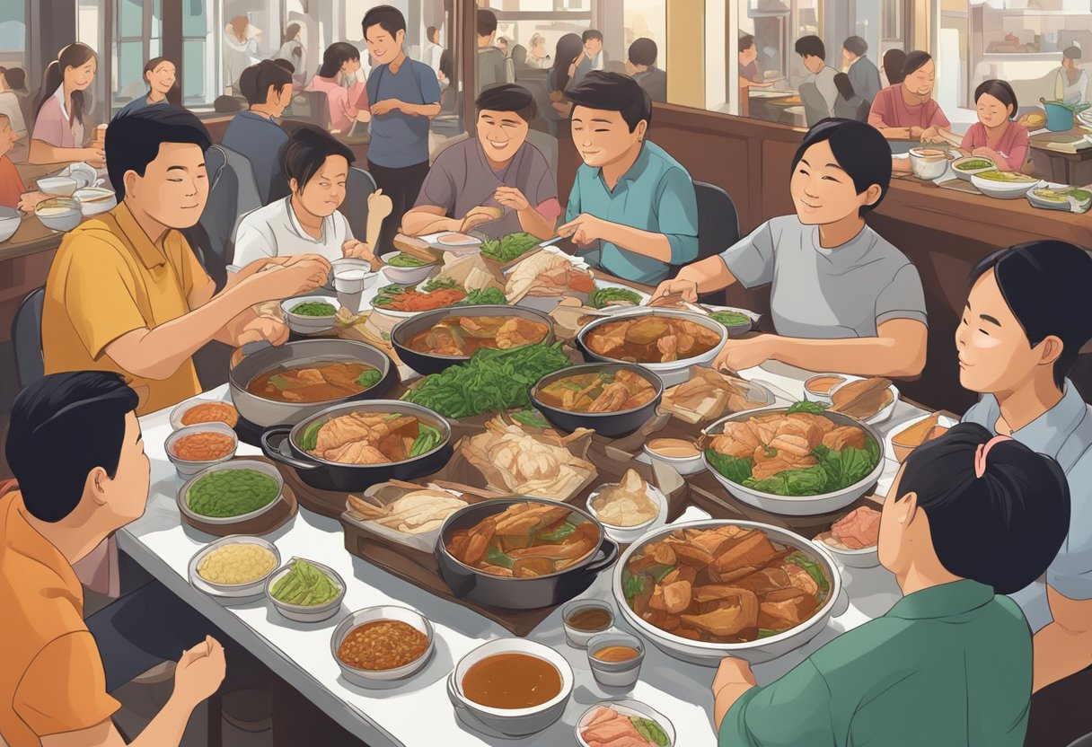 A table filled with adobo, sinigang, and lechon, surrounded by eager diners in a bustling Singaporean restaurant