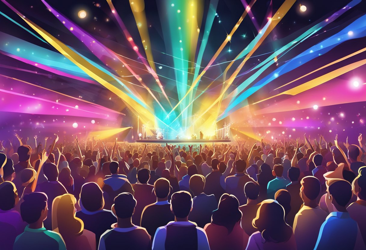 Colorful lights illuminate a crowded venue with a stage. Music fills the air as fans cheer and dance, creating an electrifying atmosphere