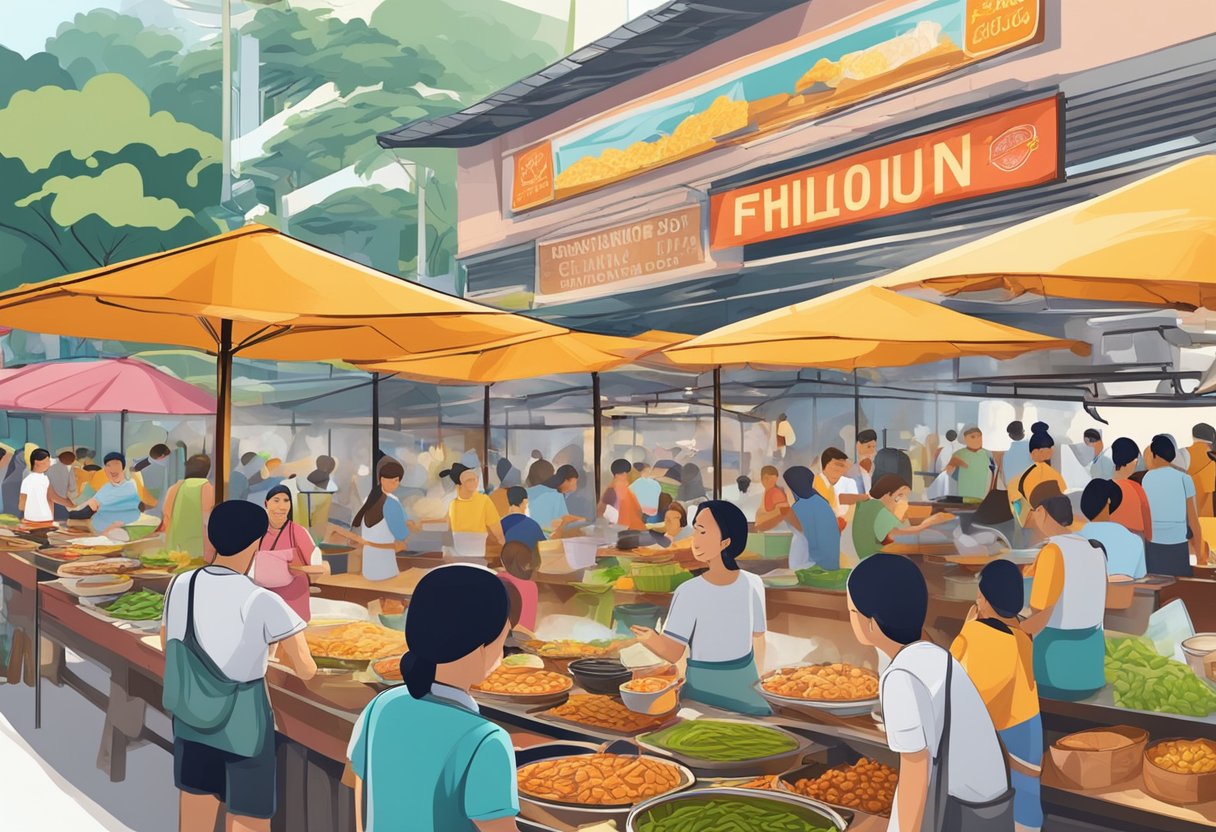 A bustling hawker center in Singapore, with colorful banners advertising Filipino cuisine. Vendors cook adobo, sinigang, and halo-halo