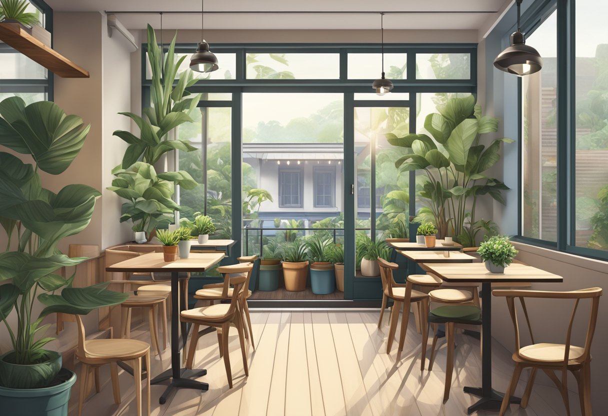 A foldable table in a cozy Singapore cafe, surrounded by potted plants and soft natural light