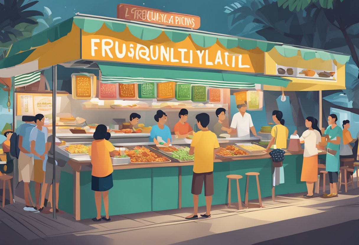 A bustling Filipino food stall in Singapore, with customers lined up, colorful dishes on display, and a sign reading "Frequently Asked Questions" in bold letters