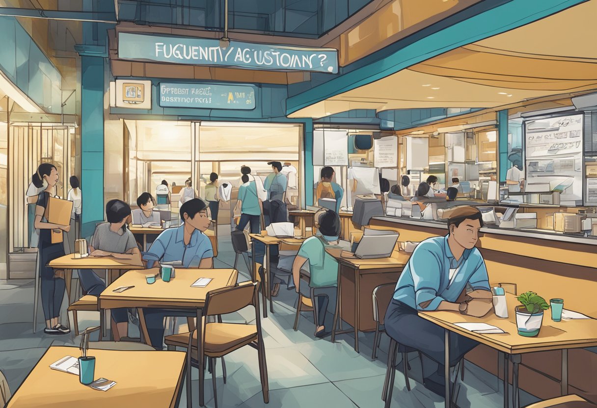 A foldable table with "Frequently Asked Questions" signage in a bustling Singapore setting
