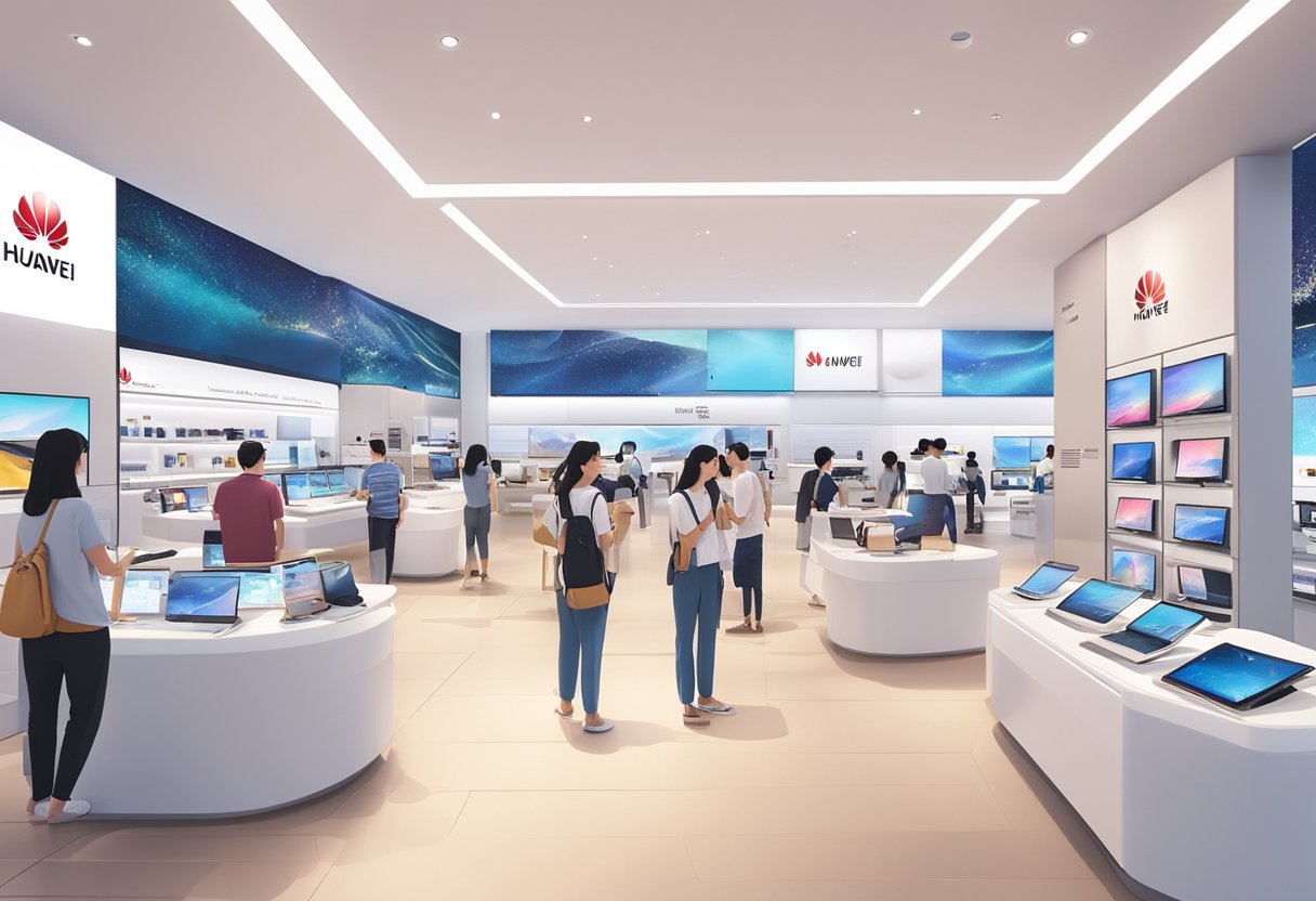 The Huawei store in Singapore is bustling with customers and filled with the latest technology gadgets and accessories. The store is brightly lit with modern displays and sleek, minimalist design