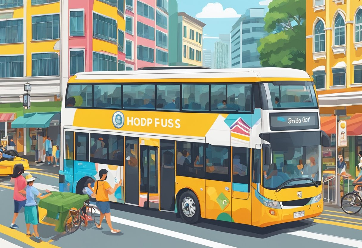 A colorful hop-on-hop-off bus drives through Singapore's bustling streets, passing iconic landmarks and vibrant neighborhoods