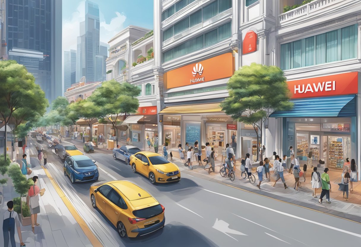 A bustling street in Singapore, with a prominent Huawei store front, showcasing the latest technology and attracting customers
