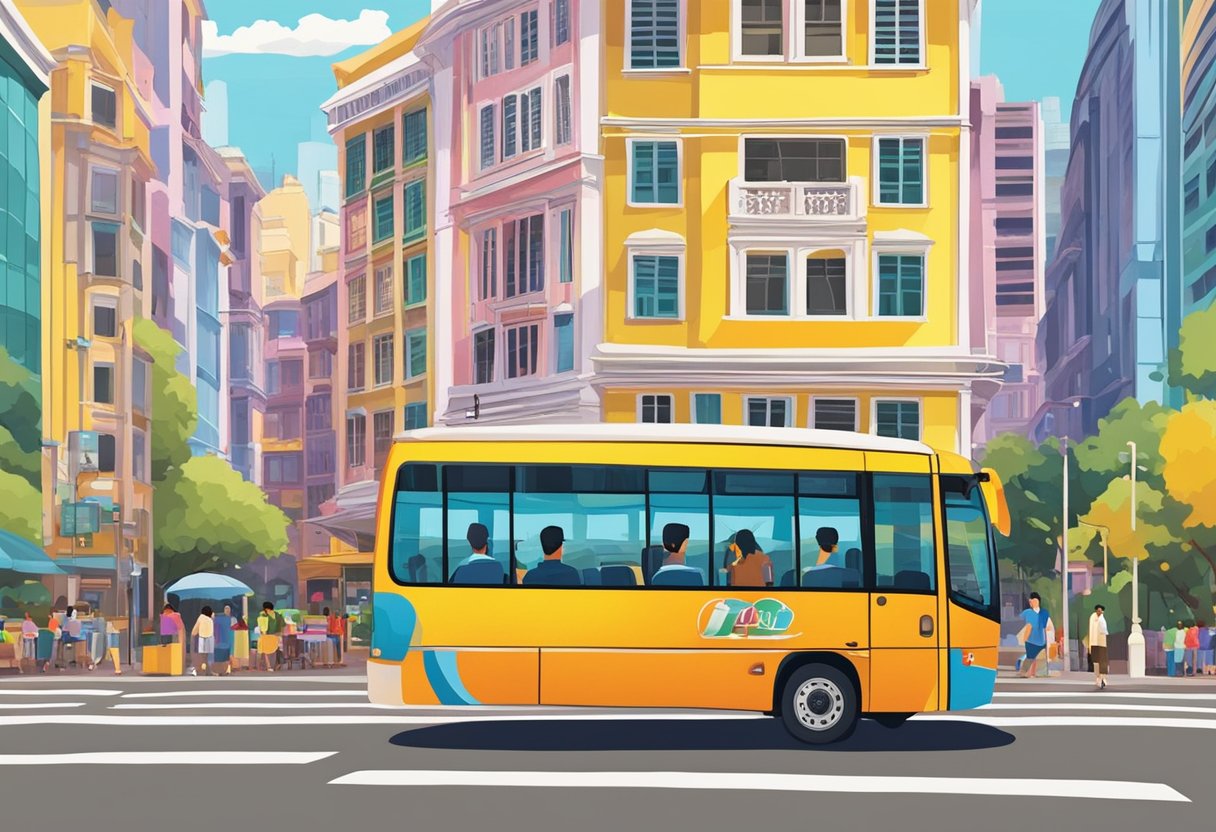 A colorful Hop-On Hop-Off bus winds through the vibrant streets of Singapore, passing by iconic landmarks and bustling neighborhoods