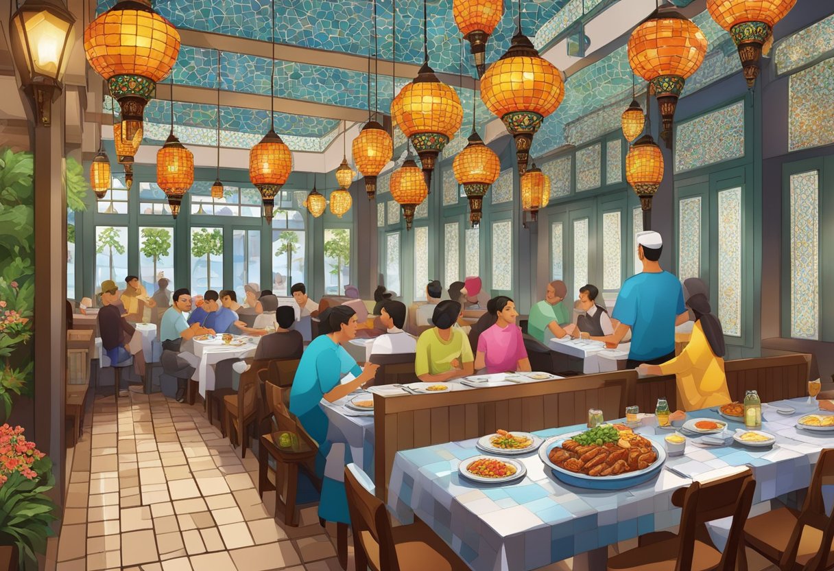 A bustling Turkish restaurant in Singapore, with colorful mosaic tiles, hanging lanterns, and the aroma of sizzling kebabs filling the air