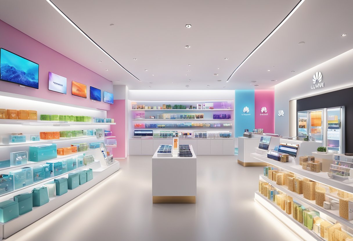 A brightly lit Huawei store in Singapore showcasing various products and services