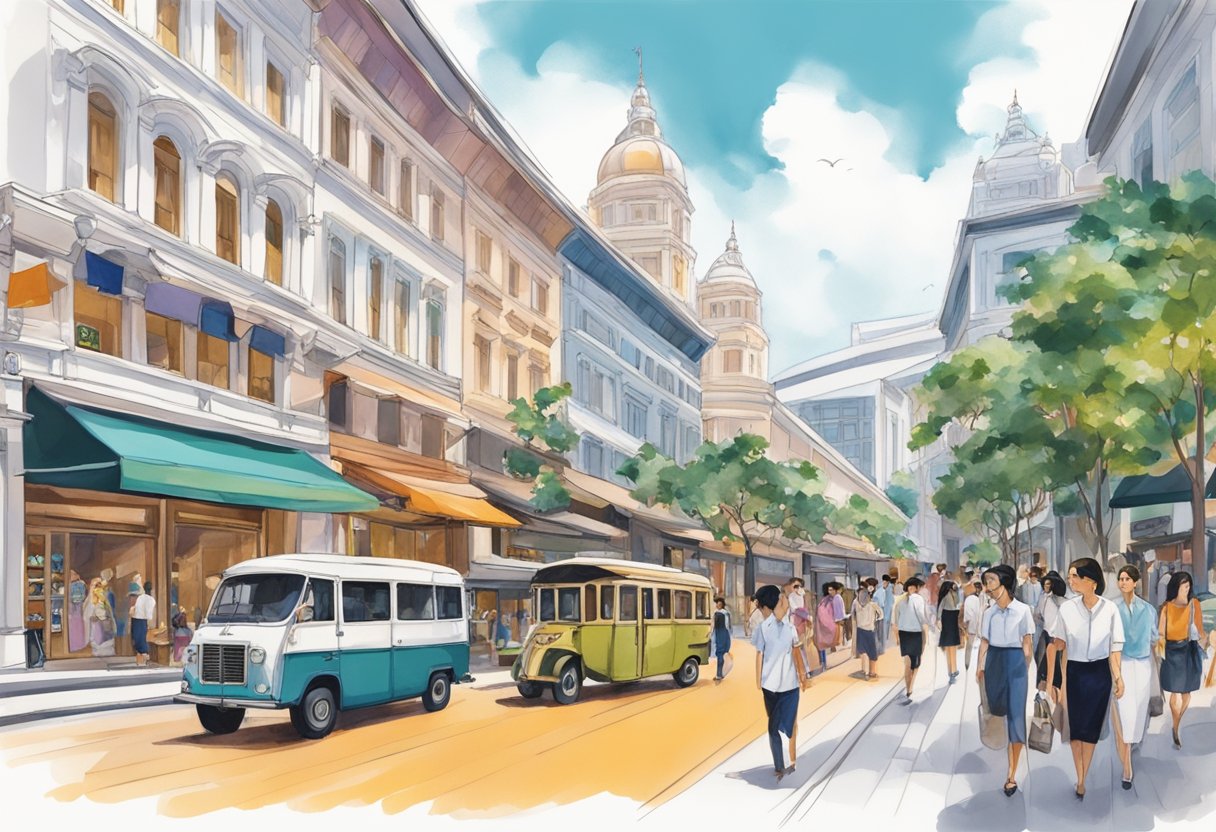 A bustling street in Singapore, with the iconic Van Cleef & Arpels boutique nestled among other luxury shops, surrounded by vibrant colors and bustling with pedestrians