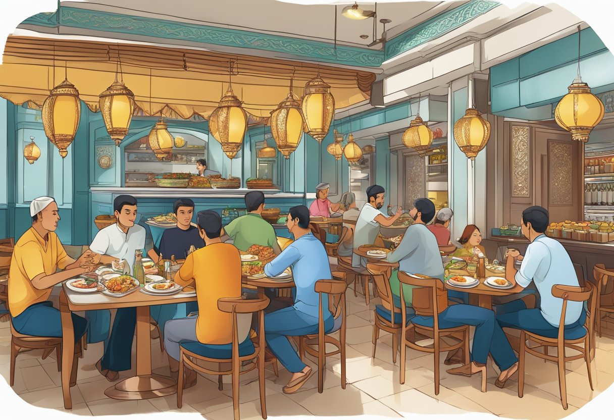 A bustling Turkish restaurant in Singapore, with colorful decor and aromatic dishes being served to eager customers