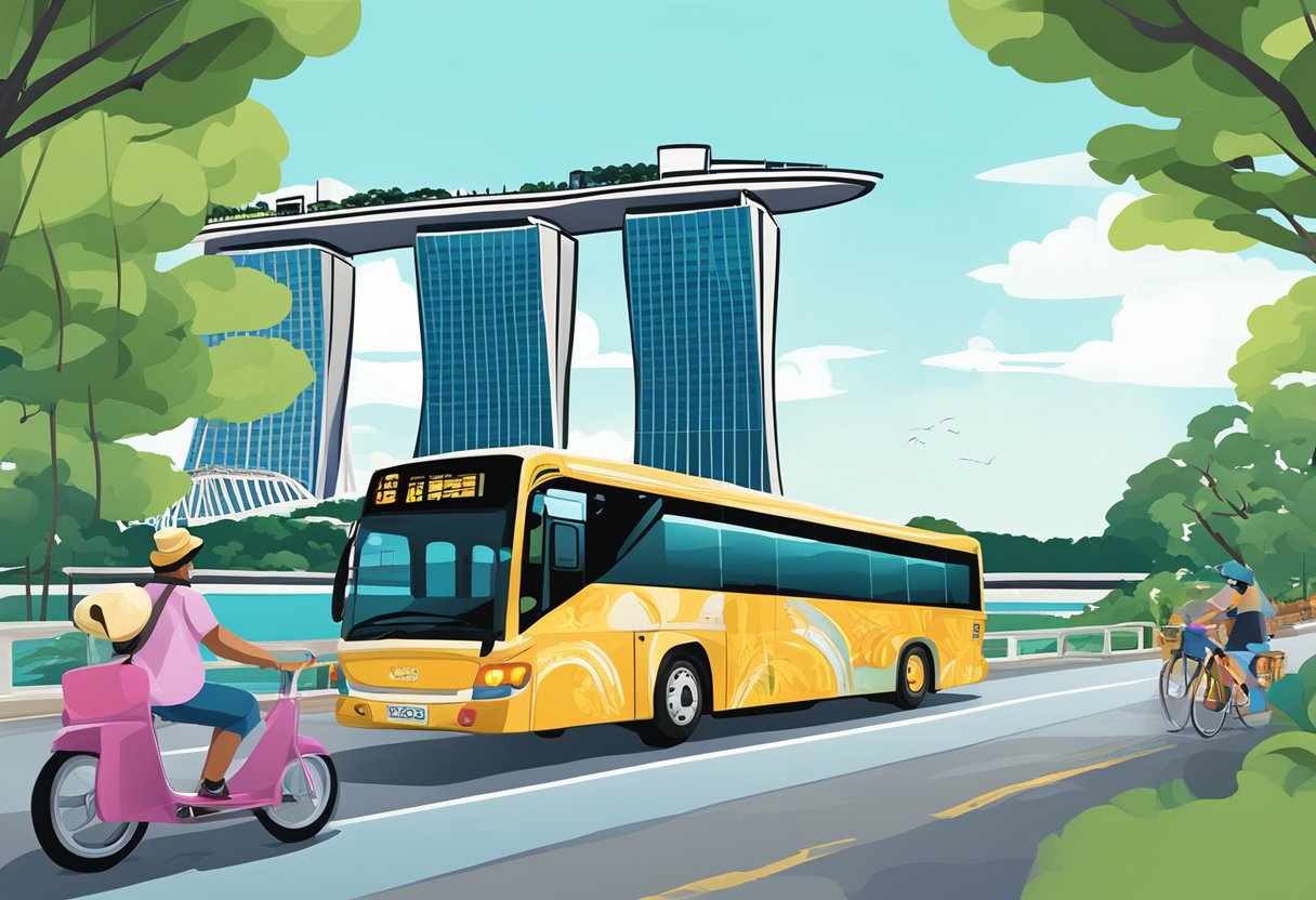 The hop on hop off bus travels past iconic landmarks in Singapore, including Marina Bay Sands, Gardens by the Bay, and the Merlion statue