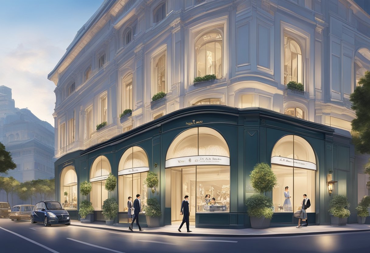 The bustling streets of Singapore showcase the elegant Van Cleef & Arpels boutique, with its luxurious exterior and inviting window displays