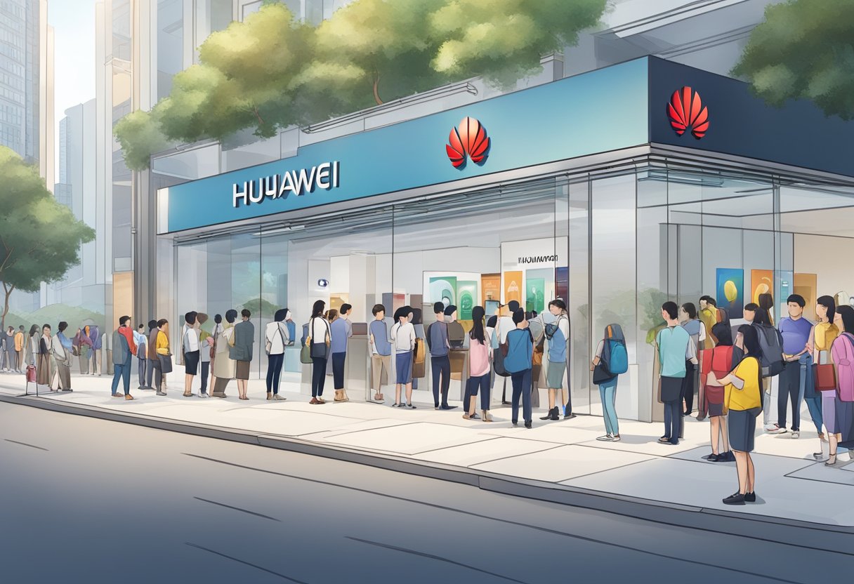 Customers lining up outside the Huawei store in Singapore, with a prominent "Frequently Asked Questions" sign displayed