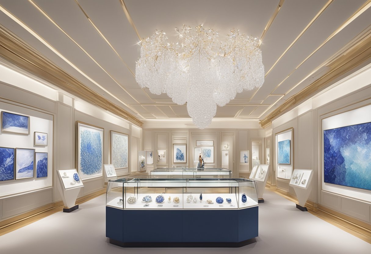 A display of Van Cleef & Arpels collections and exhibitions in Singapore. Sparkling jewelry and elegant designs fill the exhibit space