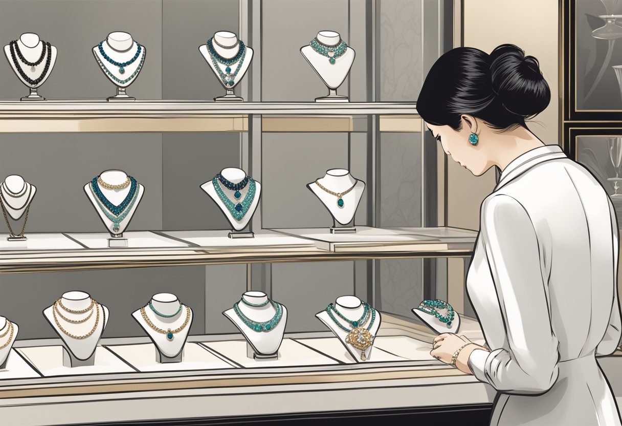 A customer browsing through a display of jewelry at the Van Cleef & Arpels boutique in Singapore, with a sign reading "Frequently Asked Questions" in the background