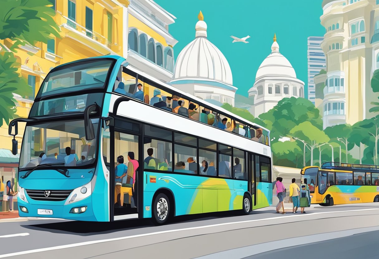 Passengers board and exit a vibrant hop-on-hop-off bus in Singapore, with iconic landmarks and cityscapes visible through the large windows