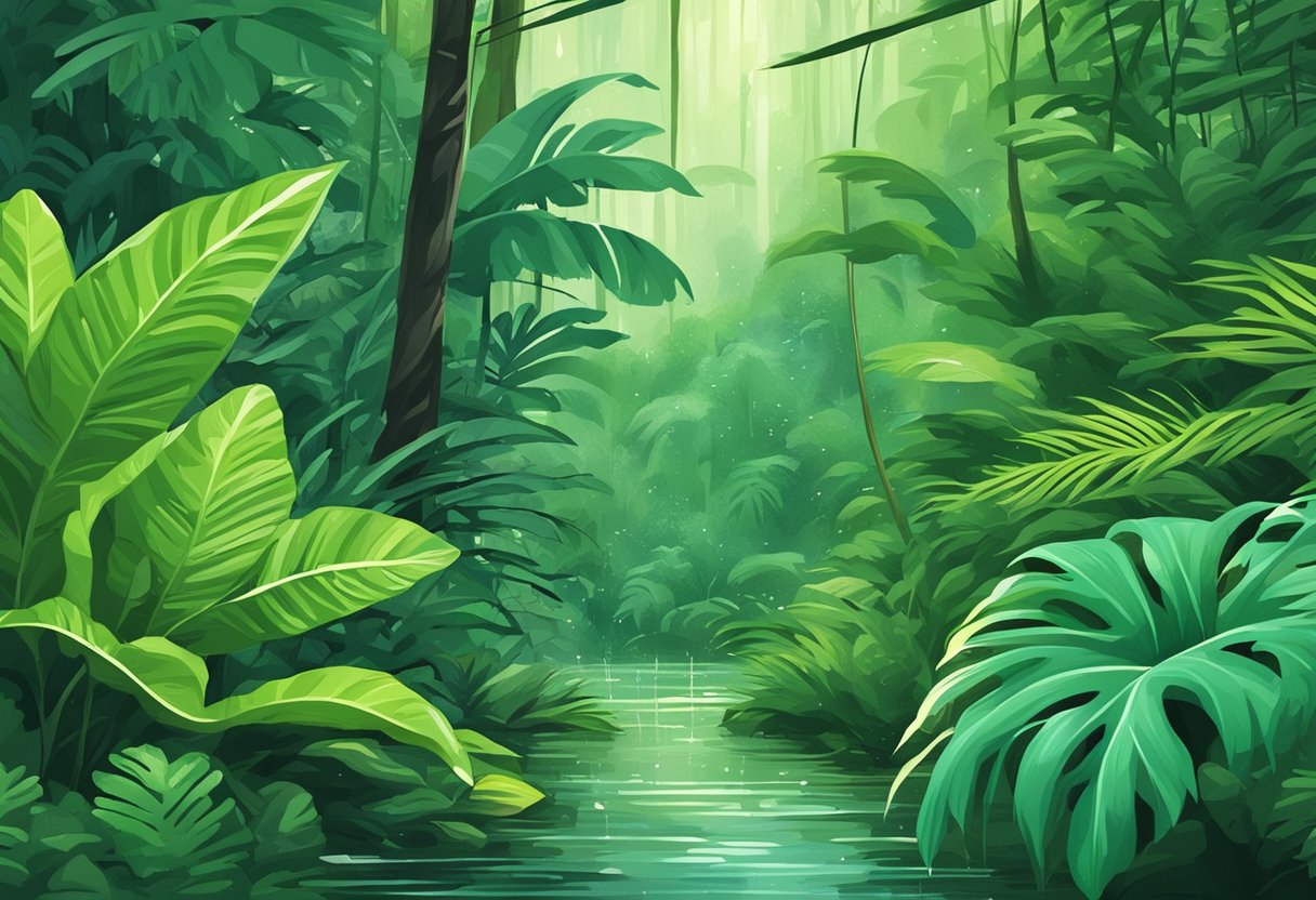 Tropical rain pours on lush green foliage in Singapore's wild wet jungle