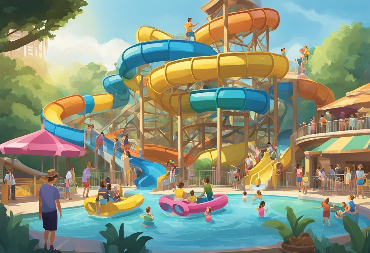 Families gather at the entrance of Wild Wild Wet, excitedly looking at the park map and discussing which attractions to visit first. The sun shines down on the colorful water slides and pools, creating a vibrant and inviting scene