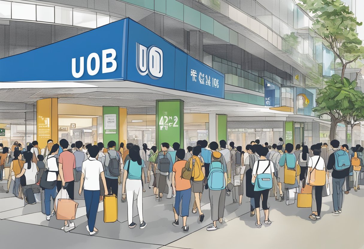 The UOB Plaza in Singapore, bustling with people seeking information, with a prominent FAQ sign displayed