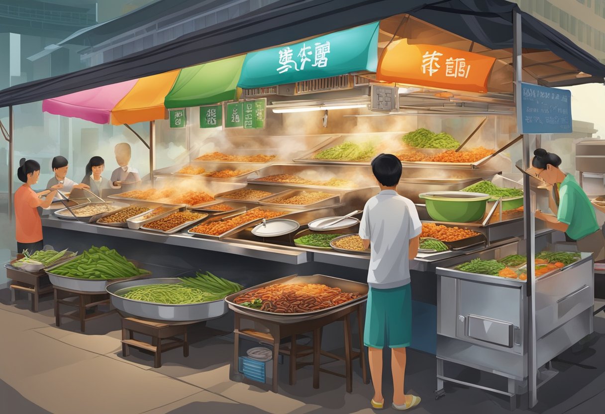 A bustling zi char stall in Singapore, with steaming woks, sizzling hot plates, and a colorful array of fresh ingredients on display