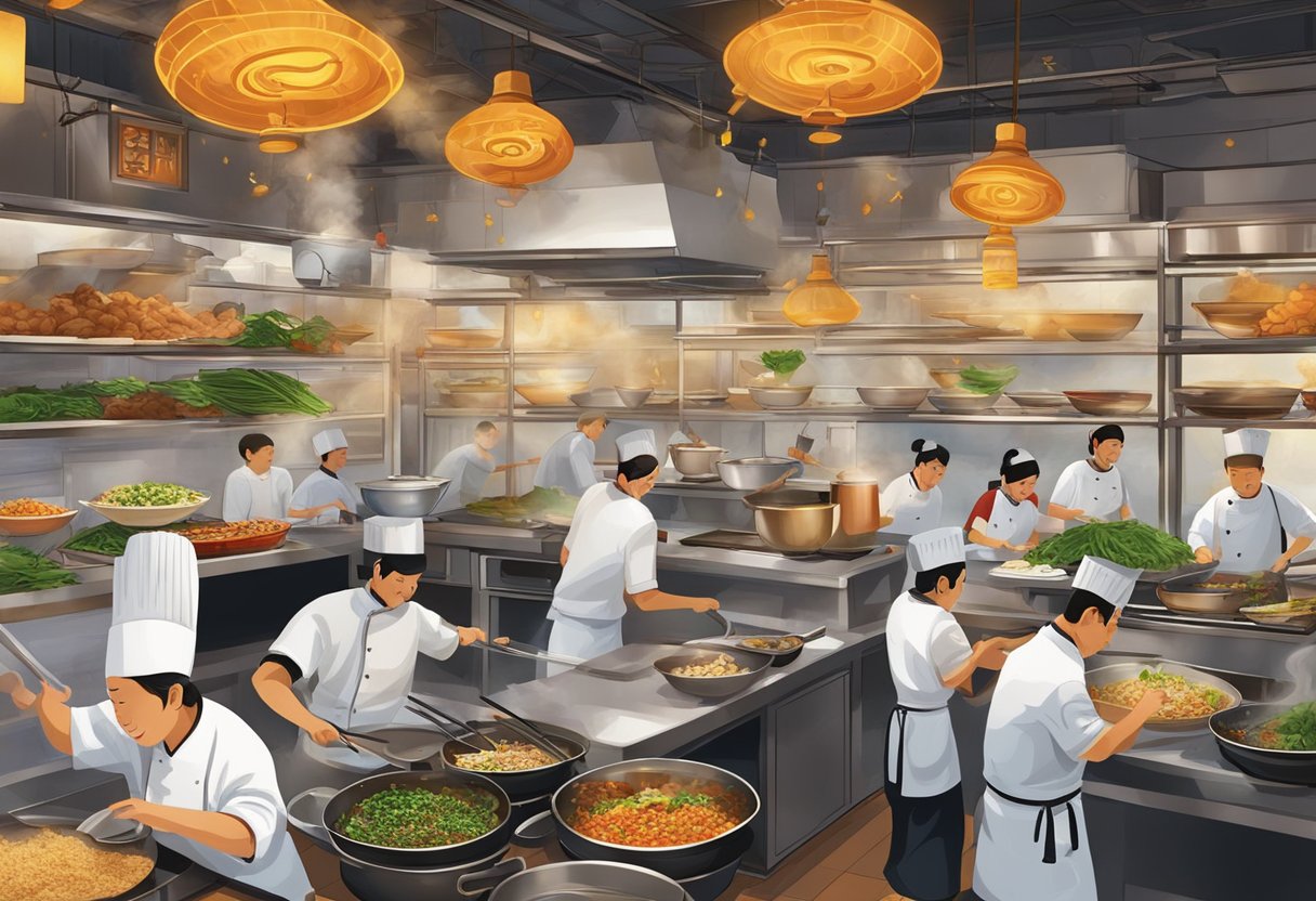 A bustling zi char kitchen with sizzling woks, fragrant spices, and chefs skillfully tossing ingredients in the air. Diners eagerly await their orders at crowded tables