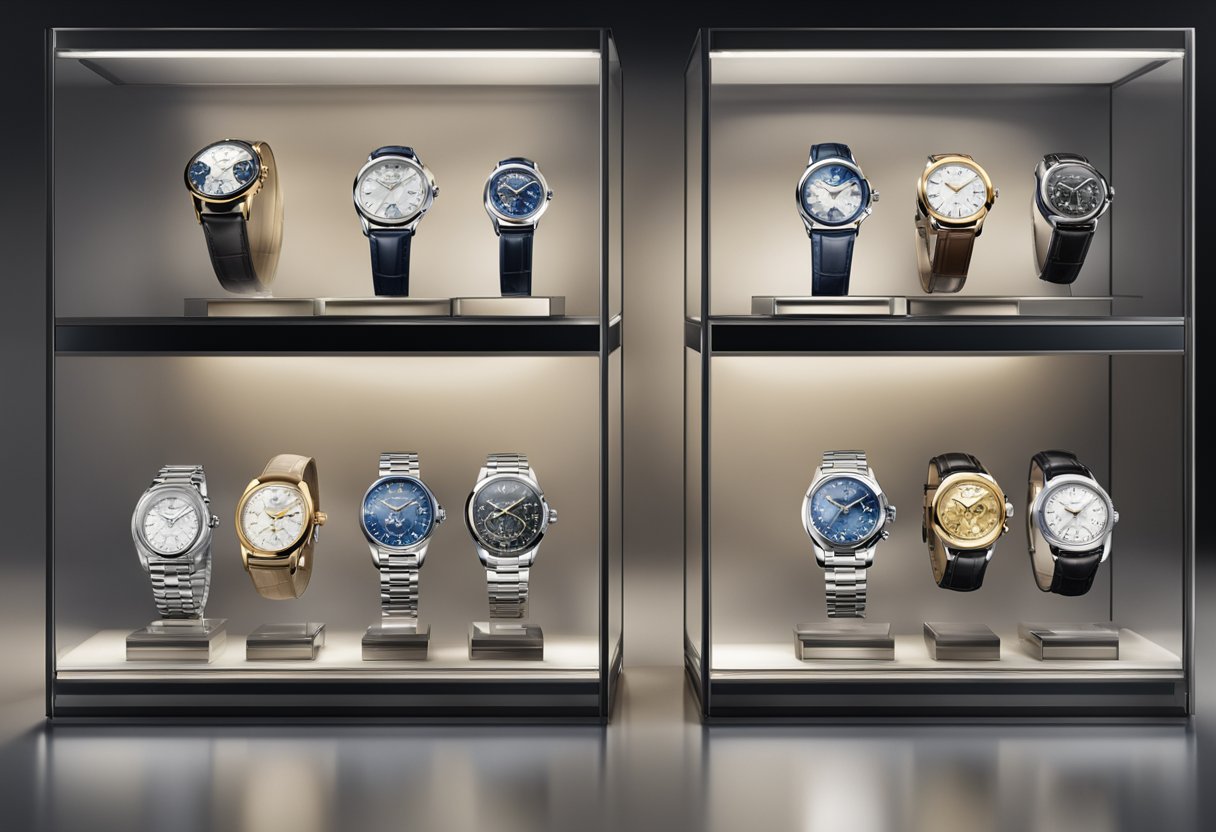 Gleaming watches displayed in elegant glass cases at Watches of Switzerland Singapore