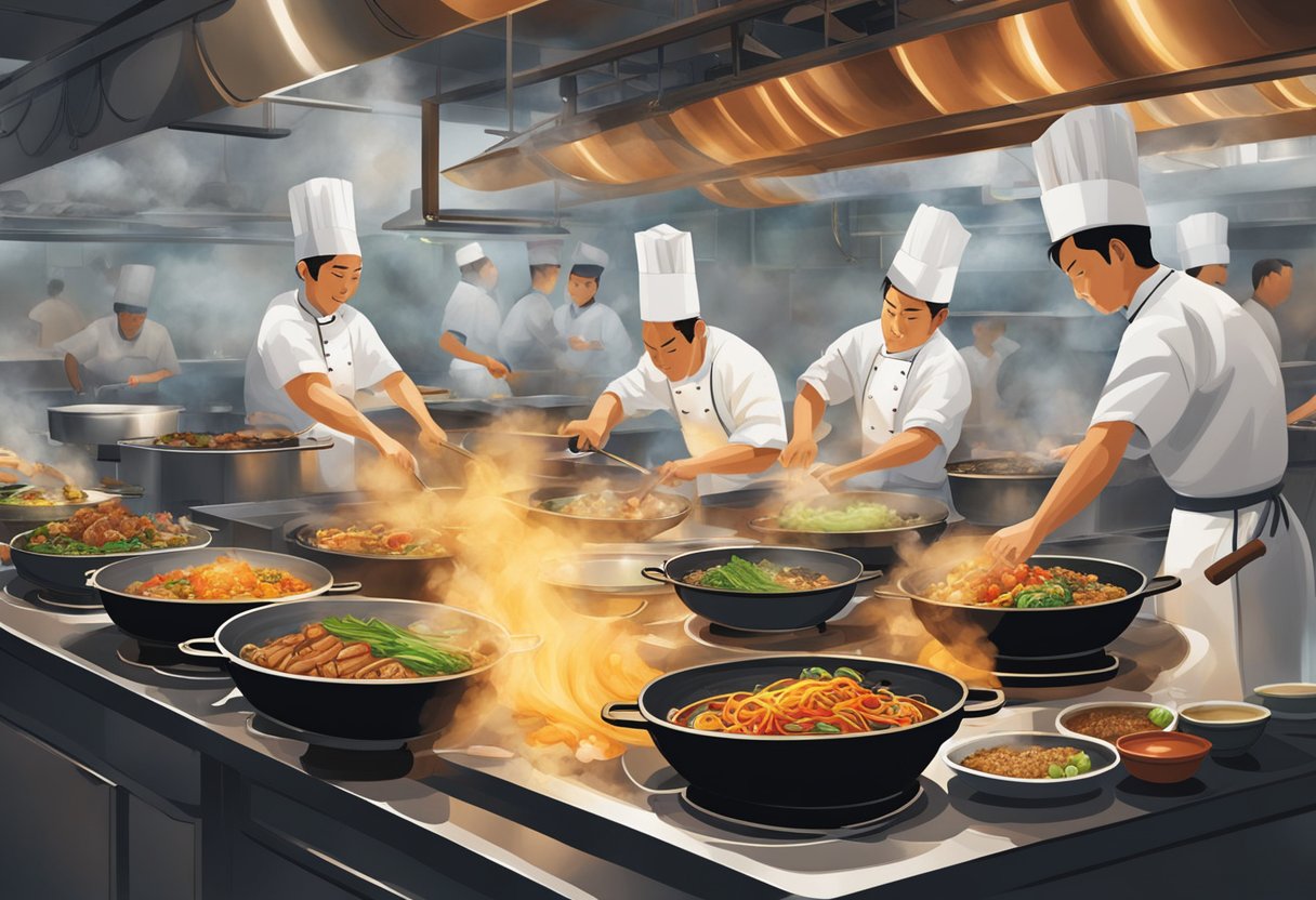 A sizzling wok in a bustling zi char kitchen, with chefs tossing ingredients and plating up steaming dishes. Aromatic smells fill the air