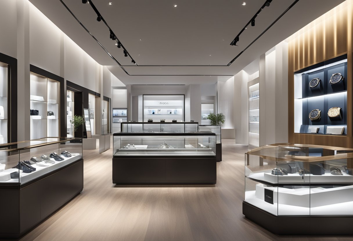 A sleek, modern boutique with glass display cases showcasing luxury watches from top brands. The interior is well-lit with spotlights, and the logo of Watches of Switzerland is prominently displayed