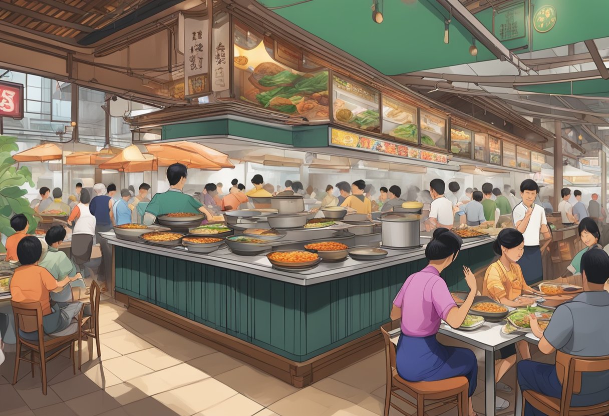 A bustling zi char restaurant in Singapore, with steaming woks, sizzling hot plates, and a crowd of hungry diners