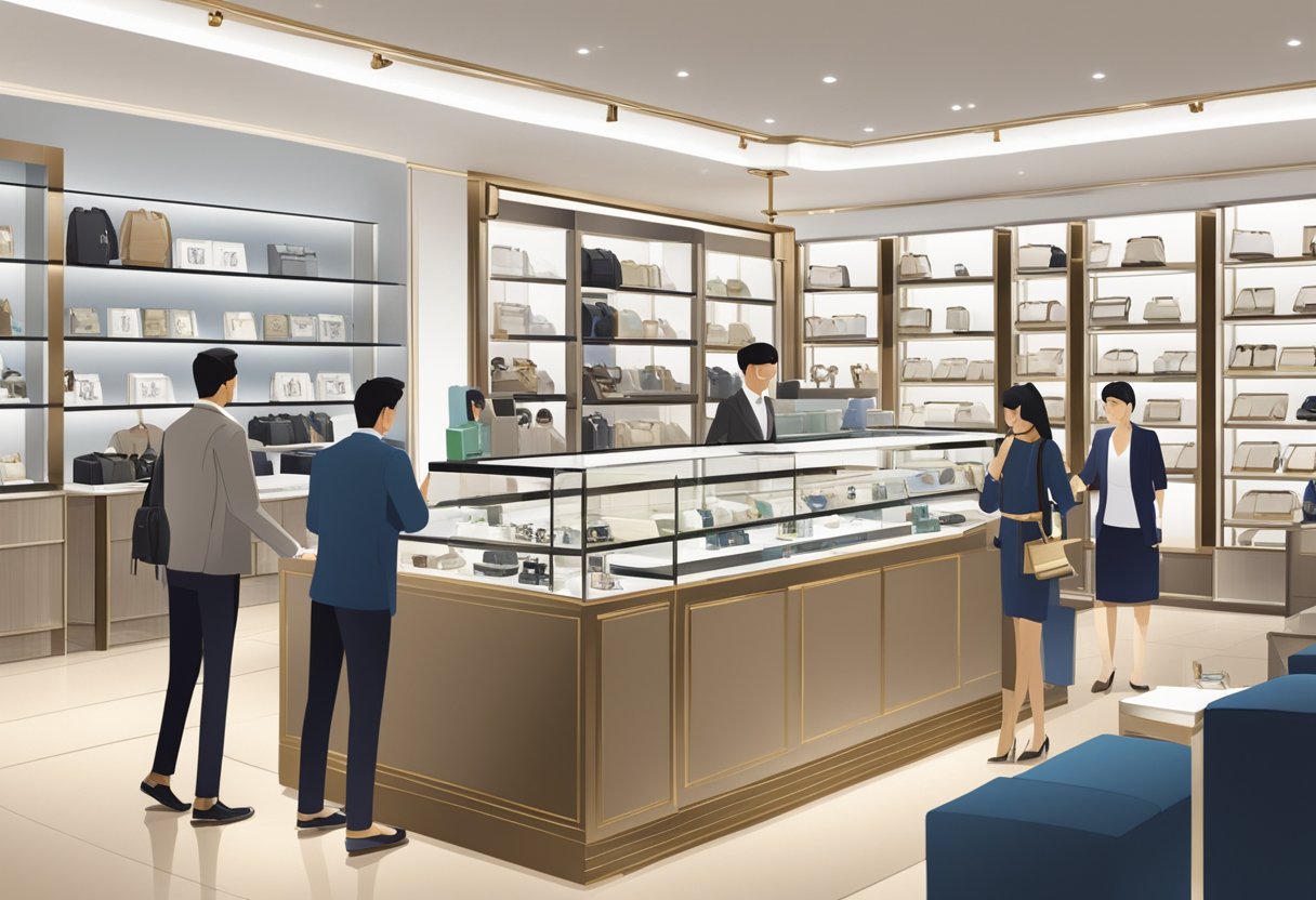 A busy watch store in Singapore, with customers browsing and staff assisting. Shelves filled with luxury timepieces, and a prominent "Frequently Asked Questions" display