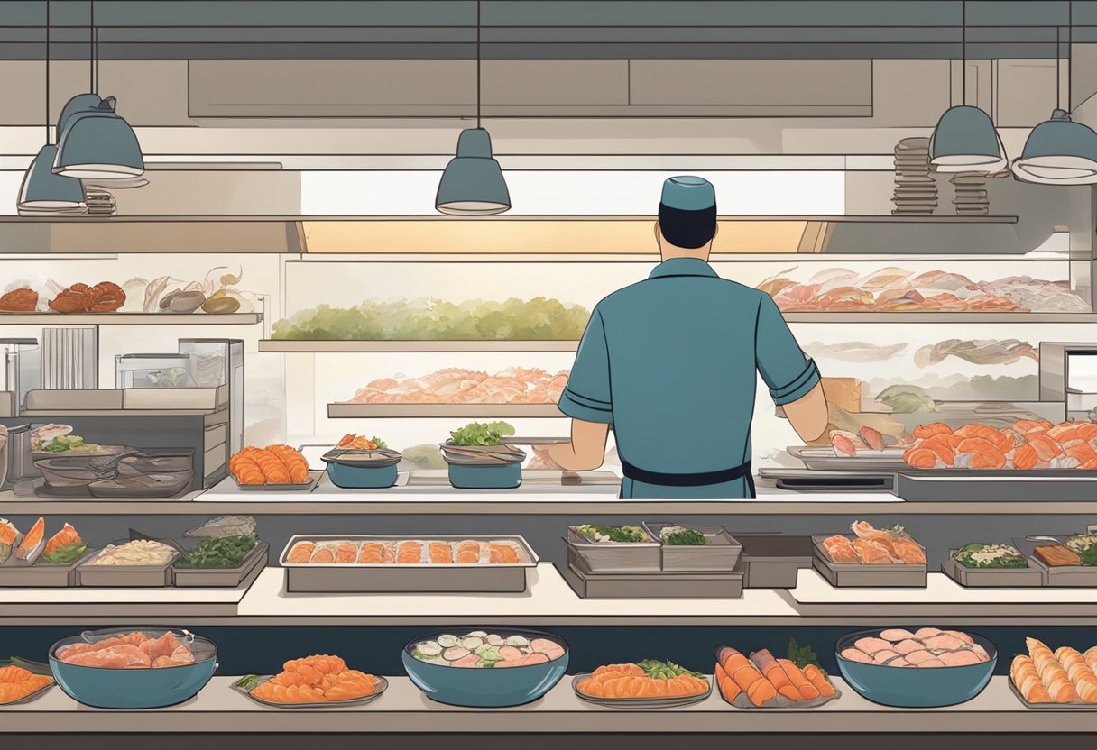 A chef prepares a variety of fresh, high-quality seafood and sushi on a clean, minimalist counter in a cozy, intimate omakase restaurant in Singapore