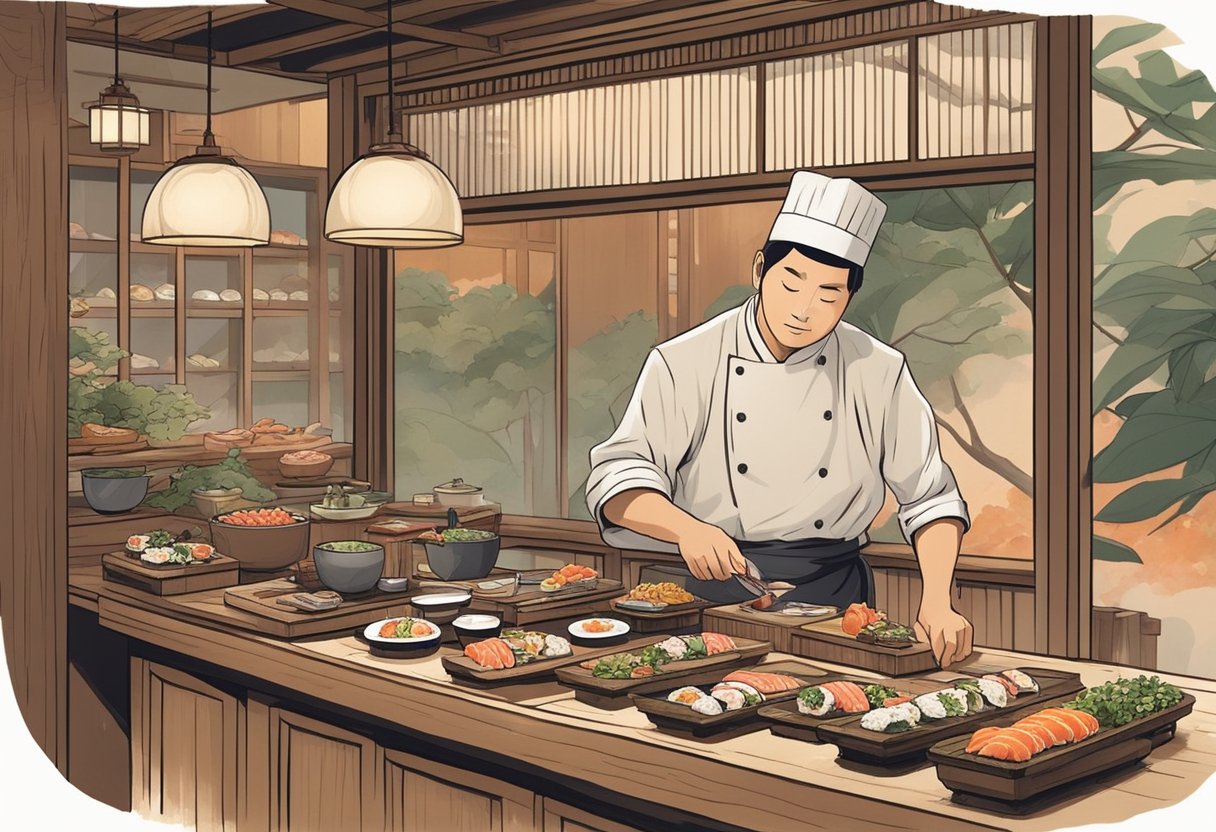 A chef prepares a variety of fresh sushi and sashimi on a wooden counter, surrounded by traditional Japanese decor in a cozy, dimly lit restaurant in Singapore