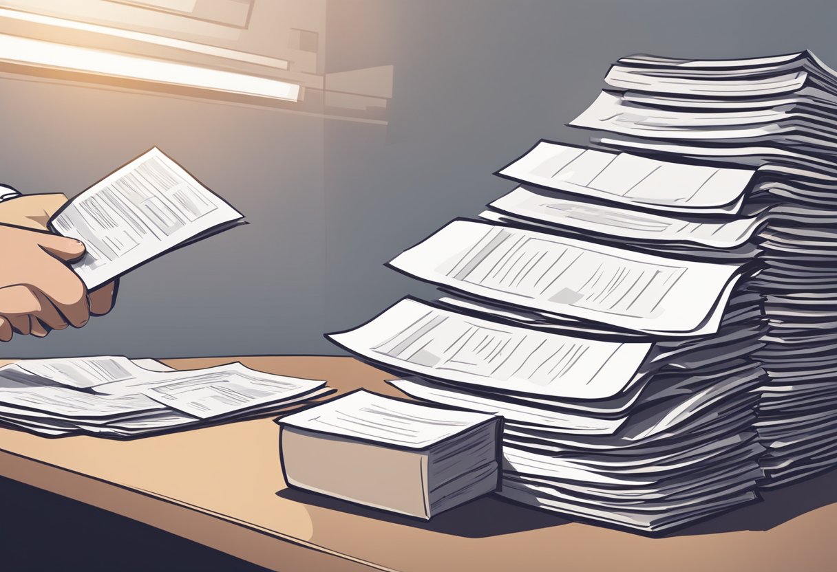 A stack of test papers, labeled for different levels, sits on a desk. A hand reaches out to grab one
