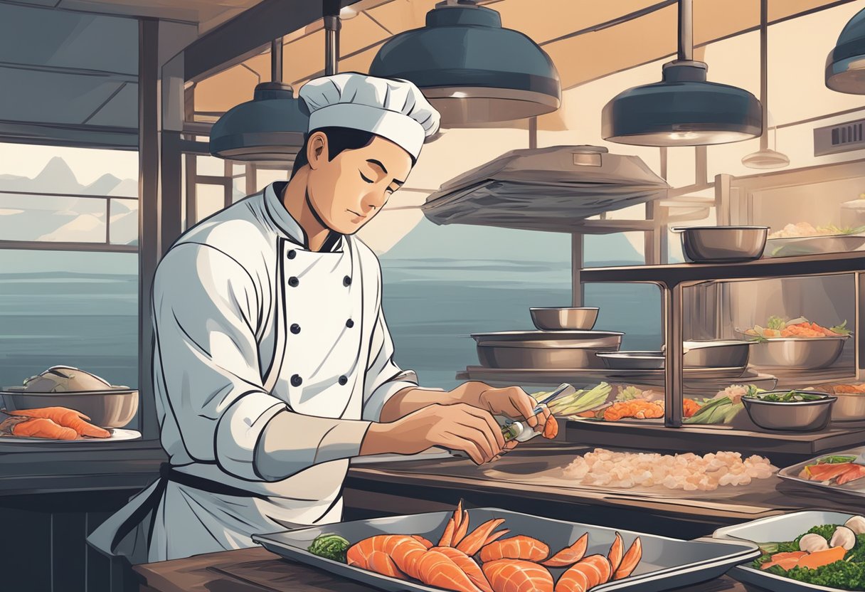 A chef carefully selects fresh seafood and prepares it with precision, showcasing the art of omakase dining in a cozy, minimalist setting