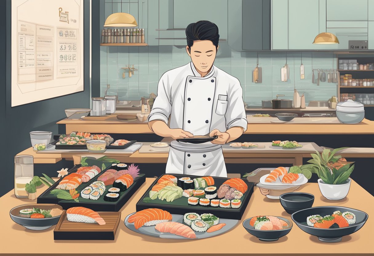 A table set with various sushi dishes, a chef preparing omakase, and a sign displaying "Frequently Asked Questions affordable omakase singapore."