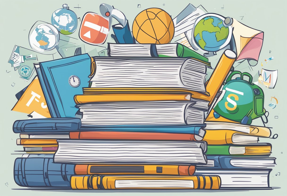 A stack of test papers surrounded by various school logos and subjects, representing comprehensive coverage in Singapore