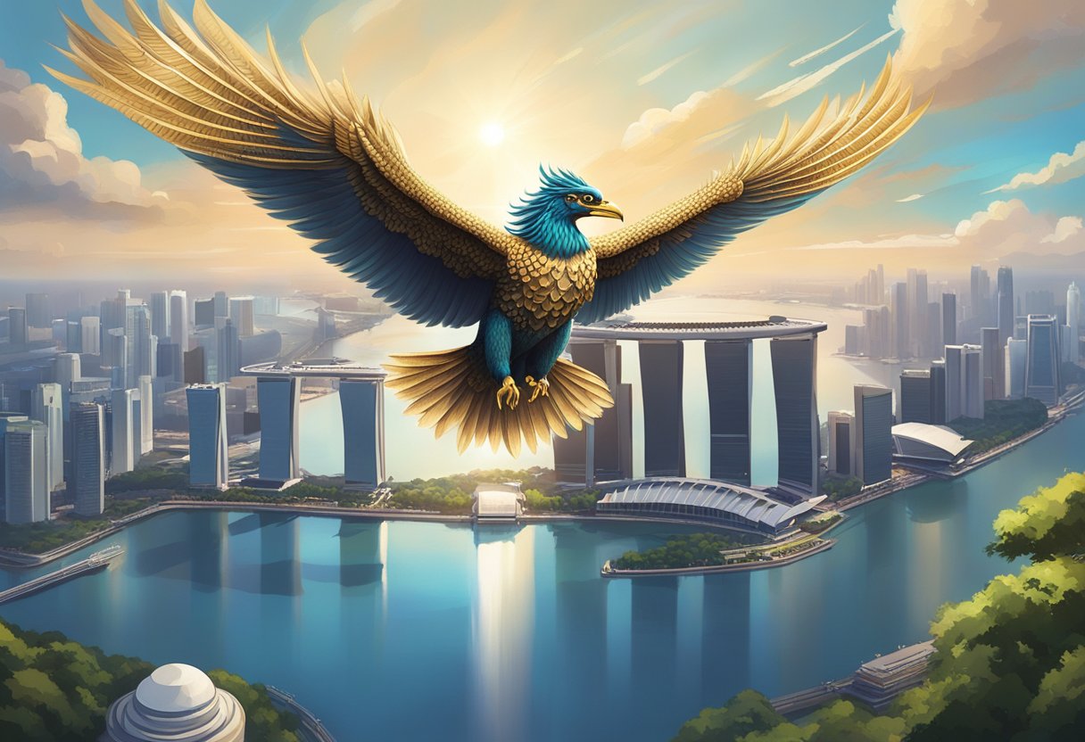 A majestic Garuda bird soars over the iconic skyline of Singapore, with its wings outstretched and feathers glinting in the sunlight