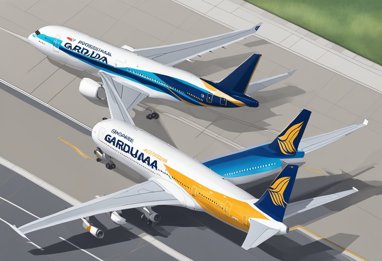 Two airplanes, one with Garuda Indonesia livery and the other with Singapore Airlines livery, parked side by side on the tarmac