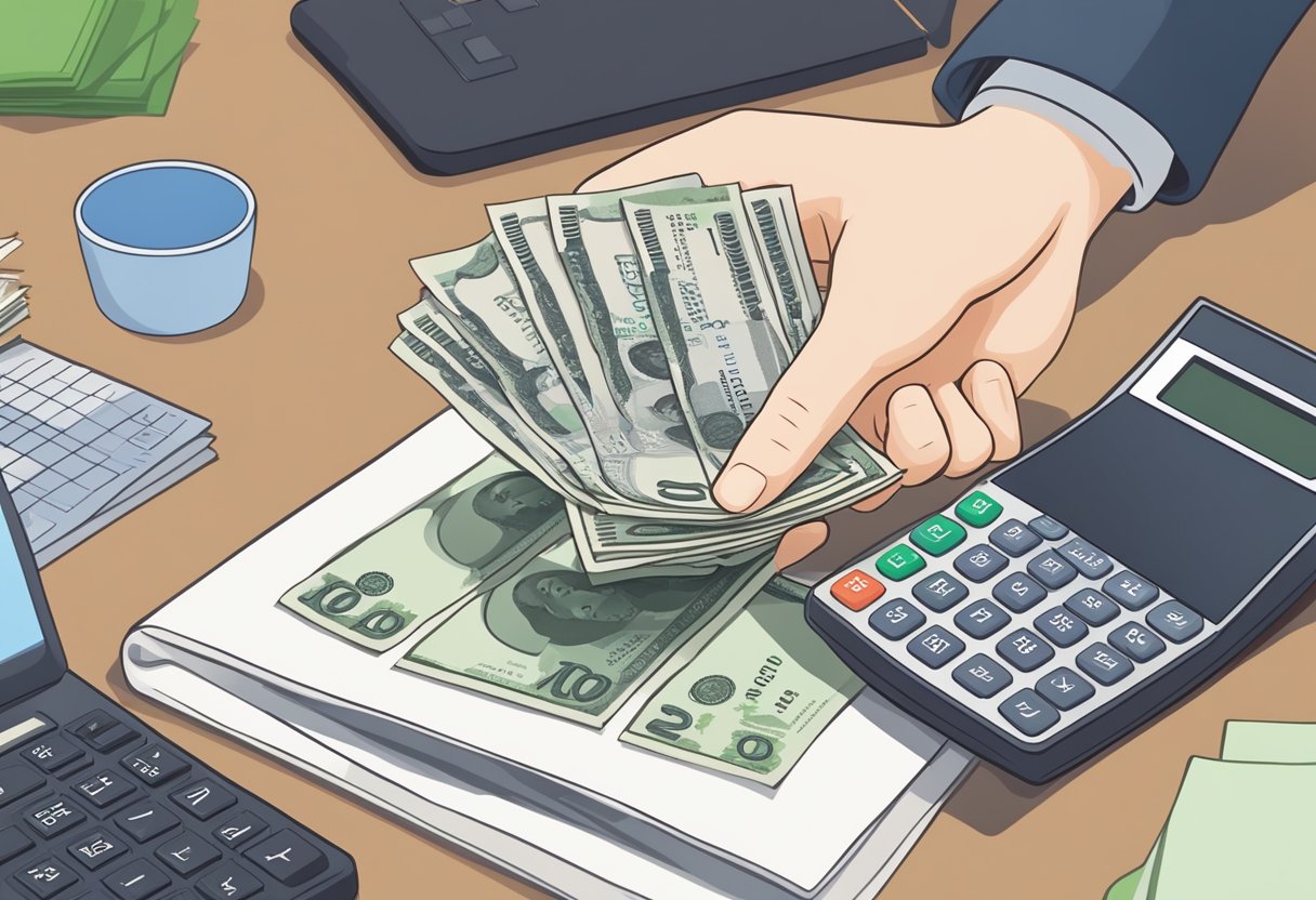 A hand holding a stack of Japanese yen bills, with a calculator and a currency exchange rate chart in the background