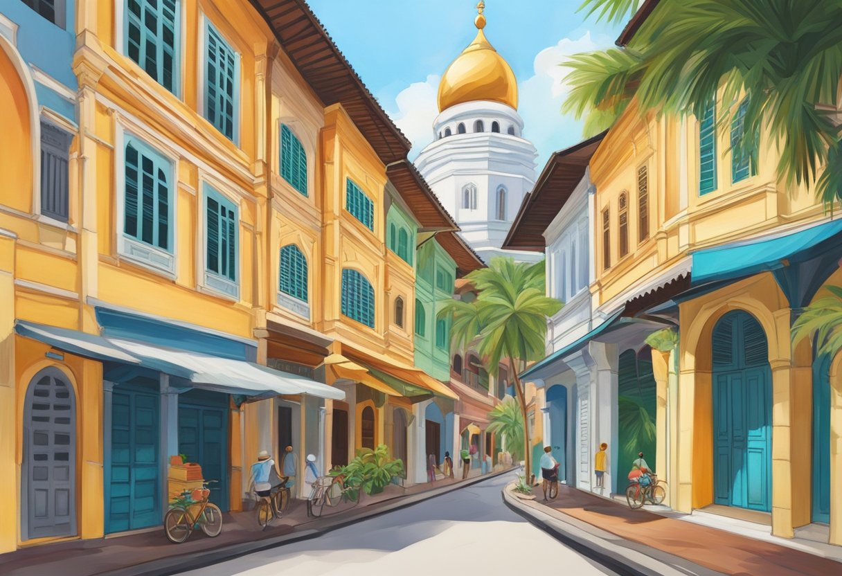 Colorful shophouses line the narrow streets of Kampong Glam, with intricate designs and vibrant hues. The Sultan Mosque stands tall, its golden domes gleaming in the sunlight. Palm trees sway gently in the breeze, adding to the tranquil atmosphere