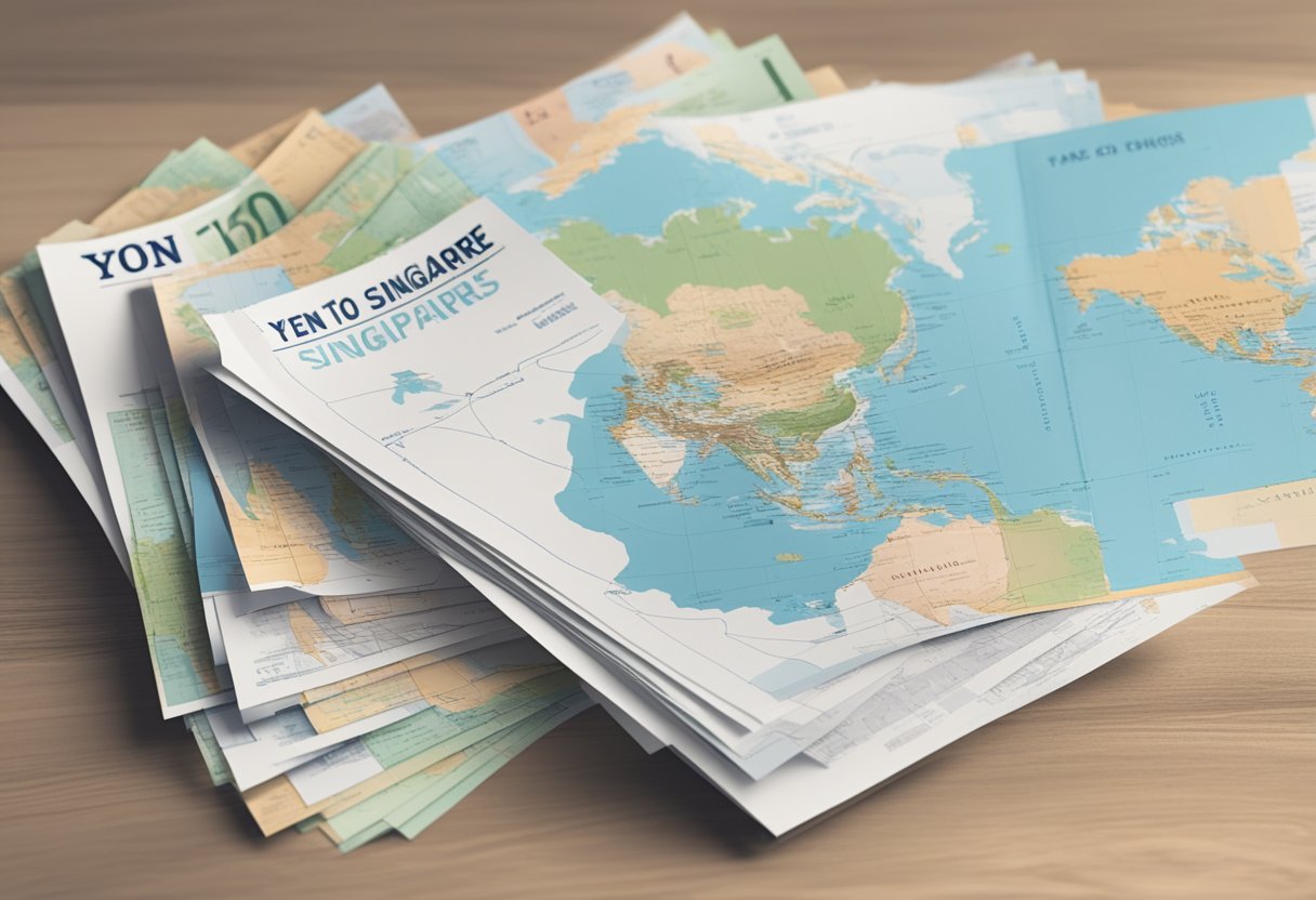 A stack of FAQ papers with "Yen to Singapore" printed on top, surrounded by travel brochures and a world map