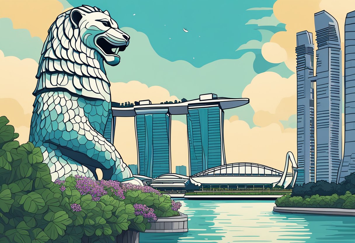The iconic Merlion statue stands tall, overlooking the Marina Bay skyline, with the majestic Marina Bay Sands hotel and the futuristic Gardens by the Bay in the background