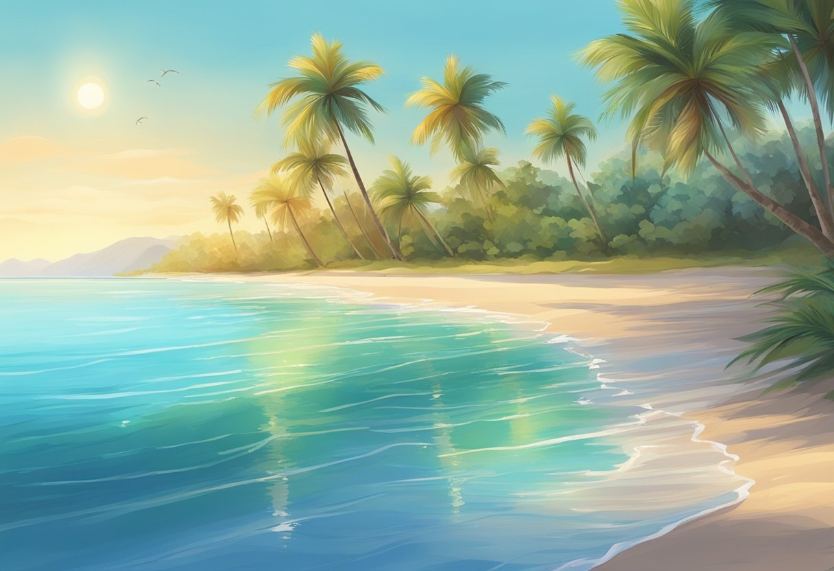 A serene beach with a clear blue sky, palm trees swaying in the breeze, and a calm, sparkling sea