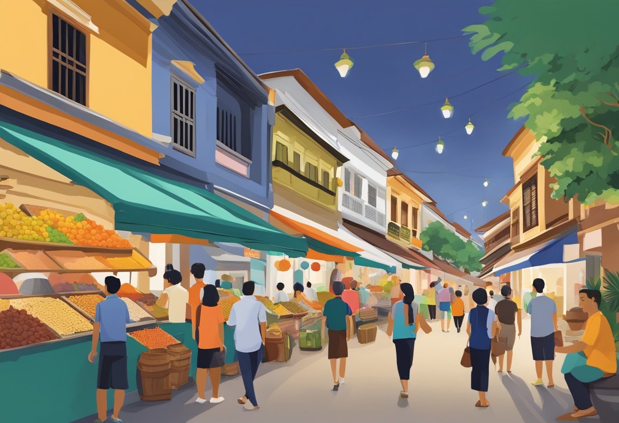 Colorful shops line the bustling streets of Kampong Glam, with locals and tourists browsing through the vibrant marketplace. The aroma of spices and the sound of lively chatter fill the air