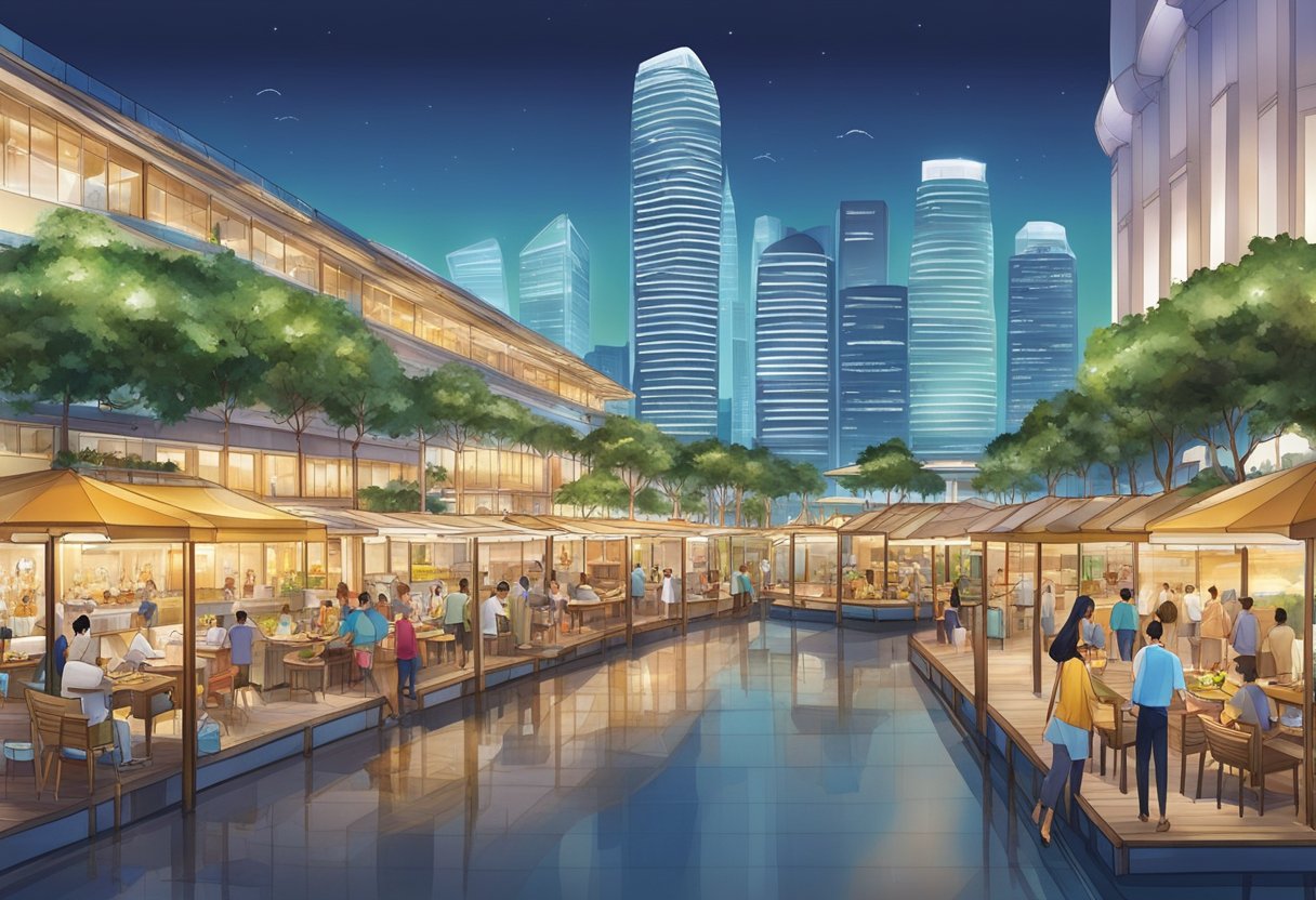 The bustling Marina Bay Financial Centre features an array of culinary delights, with vibrant food stalls and elegant restaurants lining the waterfront promenade